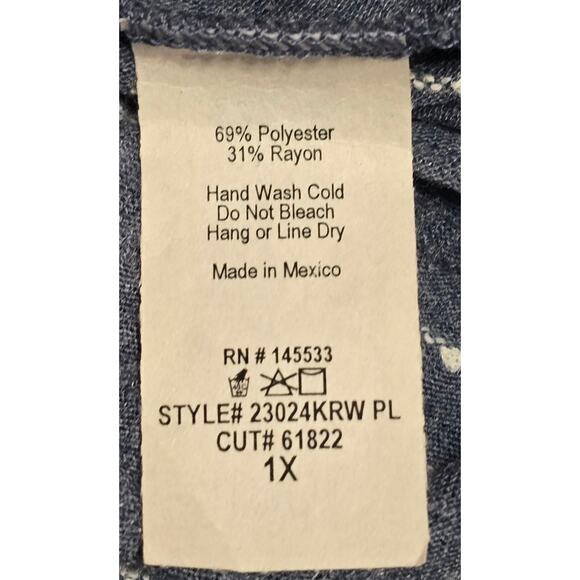 W5 Anthropologie Blue Chambray Tunic Blouse White Stripe Ruffle 3/4 Sleeve 1X - Picture 3 of 5